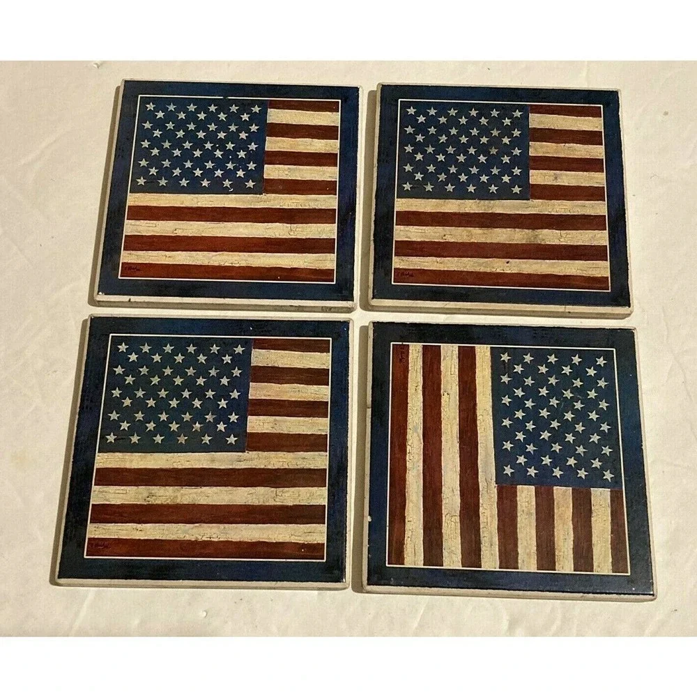 USA American Flag Coasters, Ceramic w/‎ Wood Holder